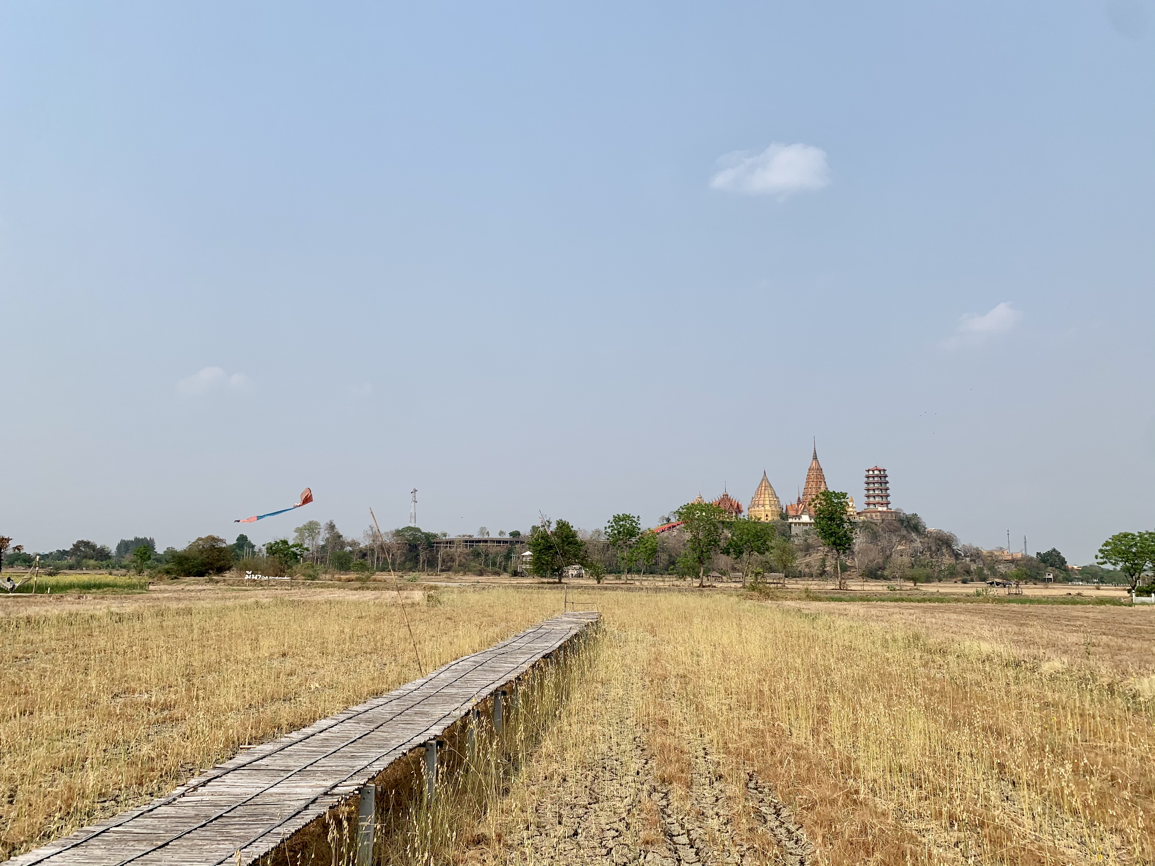 Thai rice field and temple Wat Tham Suae in Kanchanaburi, photo by Chainwit, Creative Commons Attribution-Share Alike 4.0 International license.