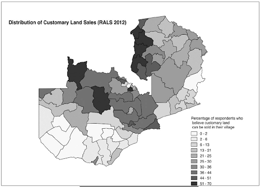 Distribution of customary land sales presents a highly differentiated picture. Source IAPRI/CSO/MAL 2021 in Honig and Mulenga 2015 p. 5