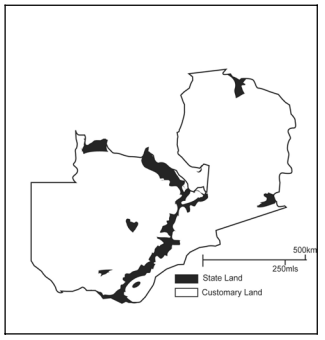 The distribution of state and customary land in Zambia at independence.