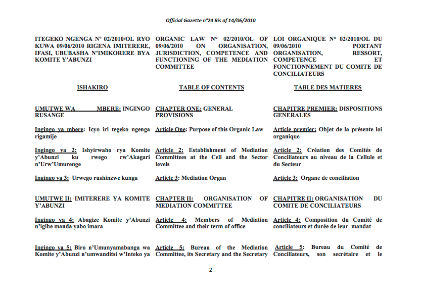 Organic Law N° 02/2010/OL of 09/06/2010 on Organization, Jurisdiction, Competence and Functioning of the Mediation Committee. cover image