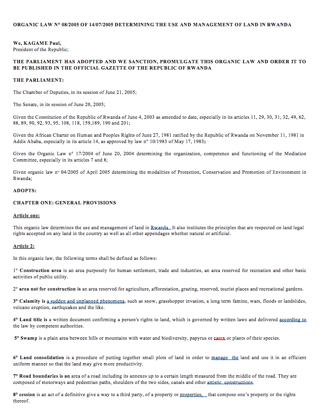 Organic law N° 08/2005 of 14th July 2005 Determining the Use and Management of Land in Rwanda. cover image