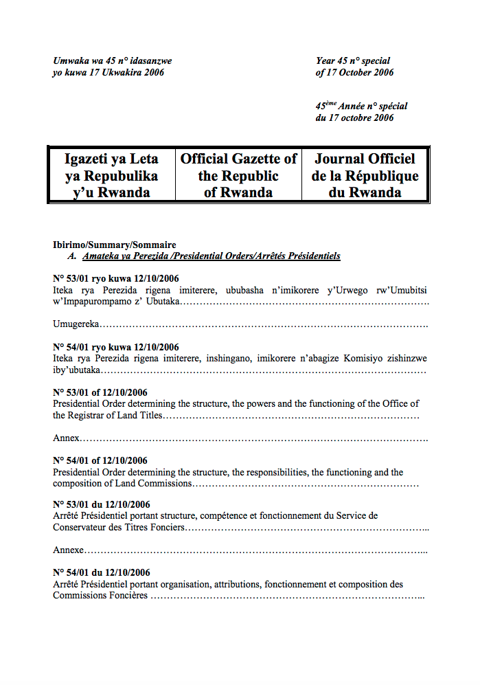 Presidential Order N° 53/01 of 12/10/ 2006 Determining Structure, Powers and Functioning of Office of the Registrar of Land Titles. cover image