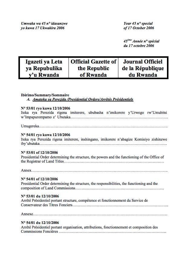 Prime Minister’s Order N° 17/03 of 9 October 2006 Establishing the Task Force in Charge of Land Reform and Management in Rwanda. cover image