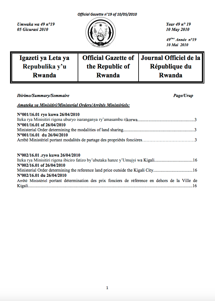 Ministerial Order N° 002/16.01 of 26/04/2010 Determining the Reference Land Prices outside the Kigali City. cover image