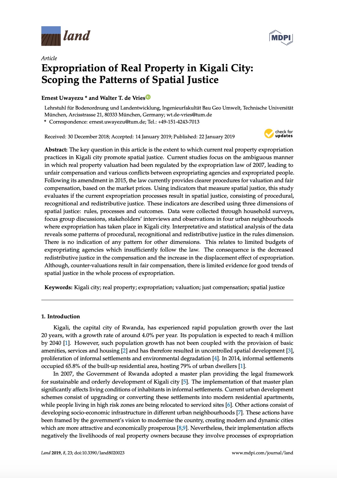 Expropriation of Real Property in Kigali City: Scoping the Patterns of Spatial Justice cover image