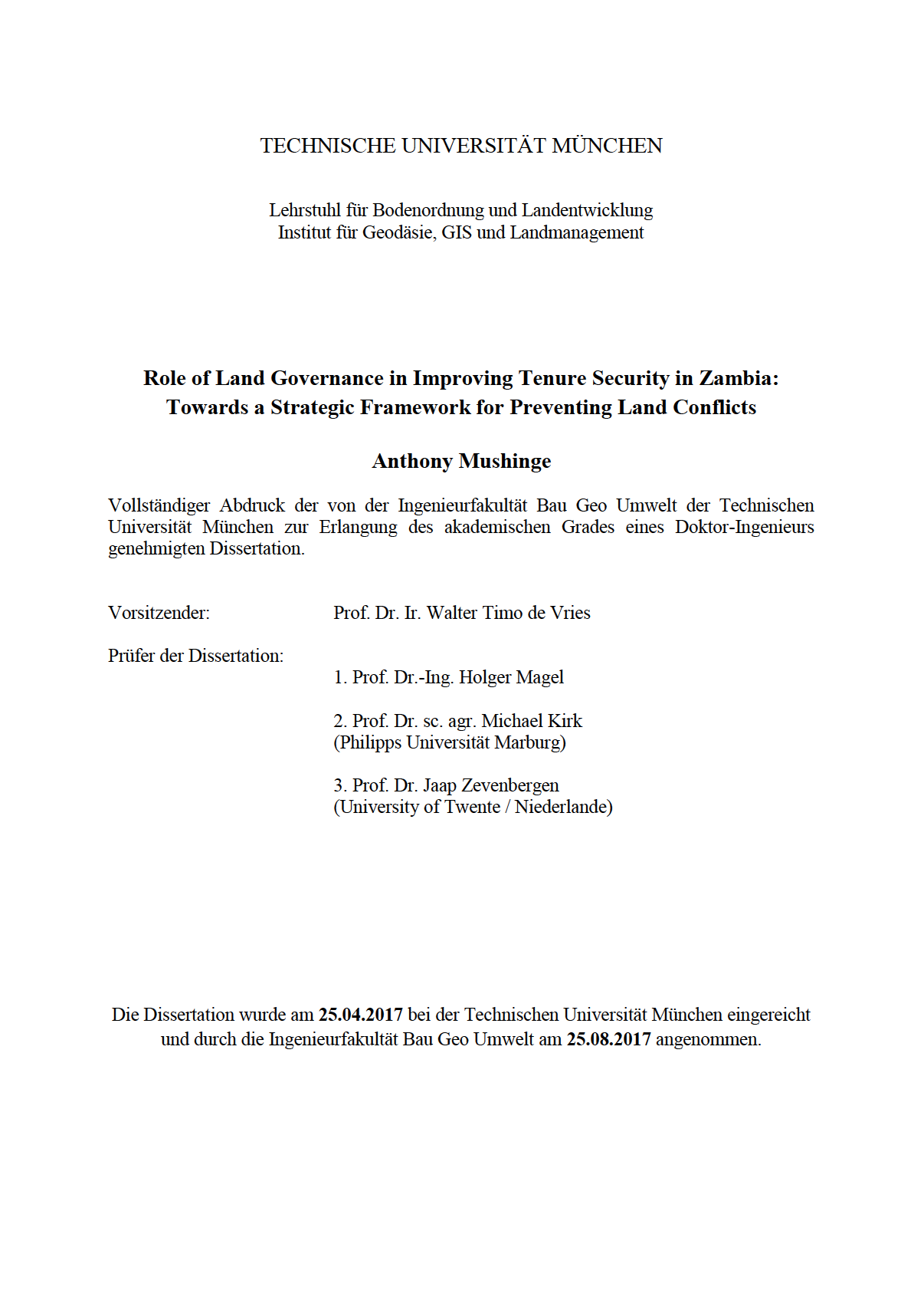 Role of Land Governance in Improving Tenure Security in Zambia: Towards a Strategic Framework for Preventing Land Conflicts cover image