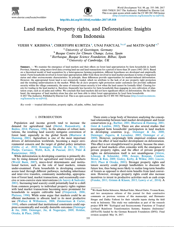 Land markets, Property rights, and Deforestation: Insights from Indonesia