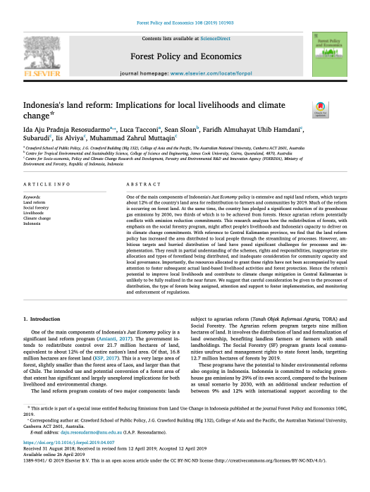 Indonesia's land reform: Implications for local livelihoods and climate change