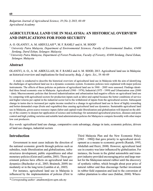 Agricultural Land Use in Malaysia: An Historical Overview and Implications for Food Security