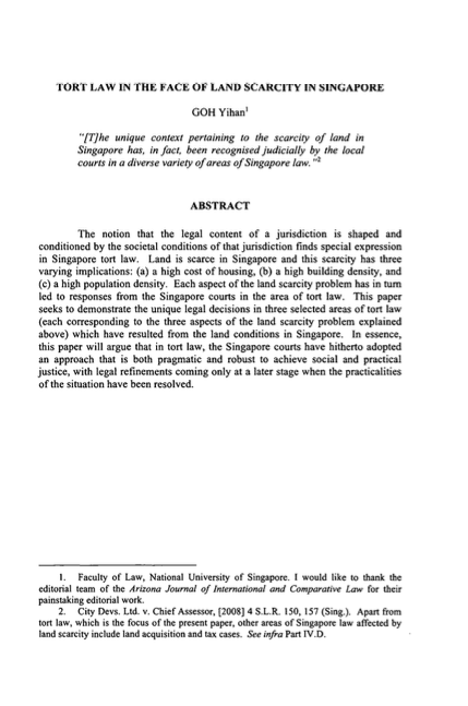  Tort Law in the Face of Land Scarcity in Singapore