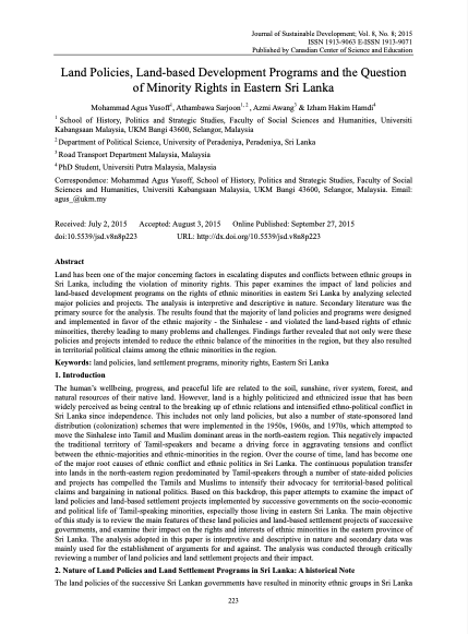 Land Policies, Land-based Development Programs and the Question of Minority Rights in Eastern Sri Lanka