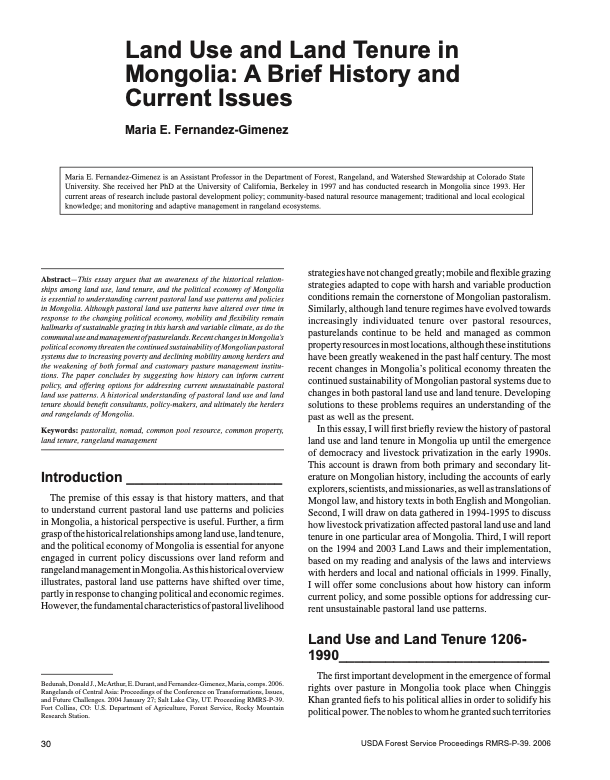 Land Use and Land Tenure in Mongolia: A Brief History and Current Issues