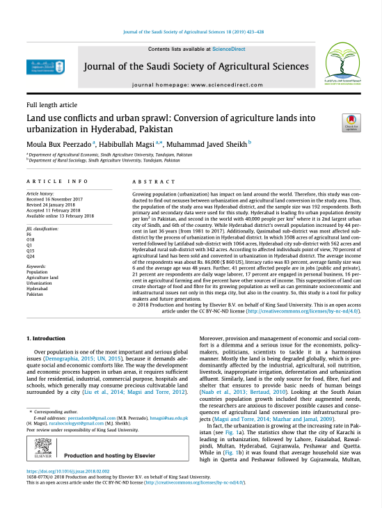 Land use conflicts and urban sprawl: Conversion of agriculture lands into urbanization in Hyderabad, Pakistan