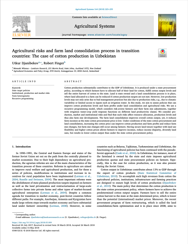 Agricultural risks and farm land consolidation process in transition countries: The case of cotton production in Uzbekistan