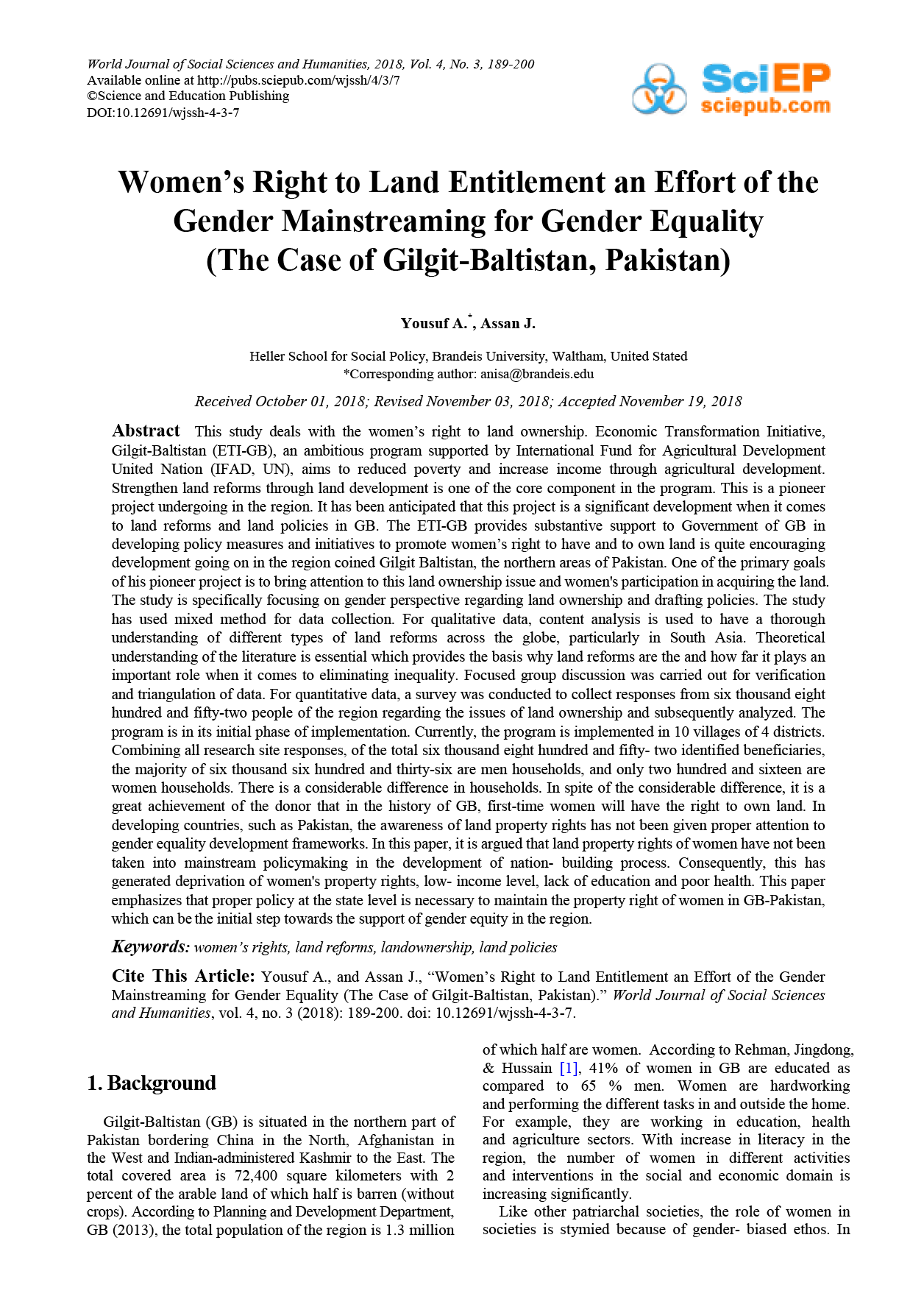 Women’s Right to Land Entitlement an Effort of the Gender Mainstreaming for Gender Equality (The Case of Gilgit-Baltistan, Pakistan)