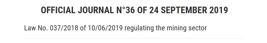 Loi N°017/2014 du 30 janvier 2015 portant réglementation du secteur minier