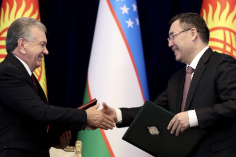 Mirziyoyev and Japarov exchanging warm greetings in Bishkek