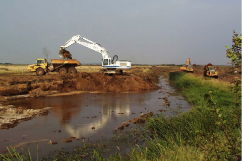 Construction works in Skjern River nature restoration project, Denmark