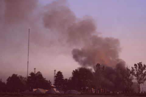 Smoke rises after the Indian Army blew up a land mine in Jammu and Kashmir